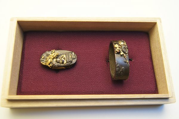 Antique Fuchi Kashira for Samurai Sword (The Picture of a Samurai and a Dragon)