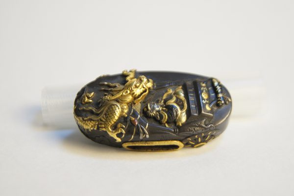 Antique Fuchi Kashira for Samurai Sword (The Picture of a Samurai and a Dragon) - Image 9