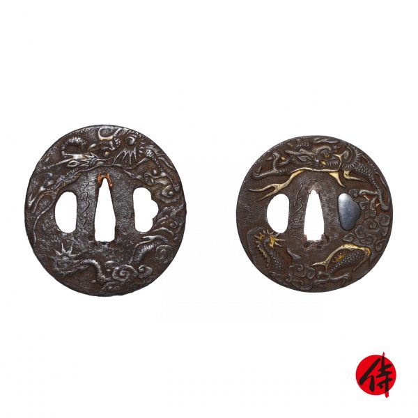 Antique Tsuba Daisho Set<br> for Samurai Sword<br> with NTHK Kanteisho Certificate (T-416)