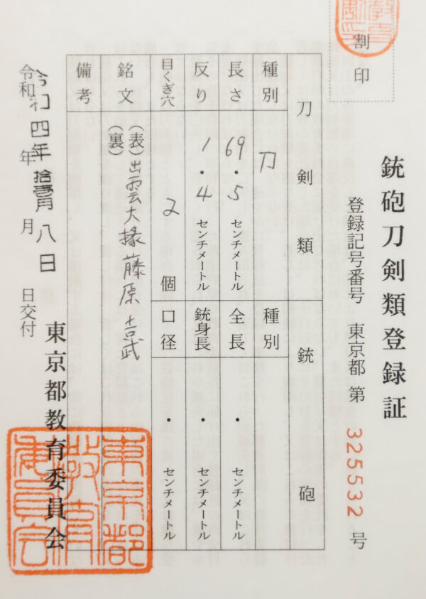 Antique Japanese Sword Katana Signed by Fujiwara Yoshitake <br>NBTHK <span style="color: #ff0000;">Hozon </span>Certificate - Image 24