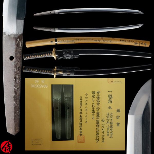 Antique Japanese Sword Wakizashi Signed by Omi Daijo Fujiwara Tadahiro<br> NBTHK <span style="color: #ff0000;"><strong> Tokubetsu Hozon</strong> </span>Certificate