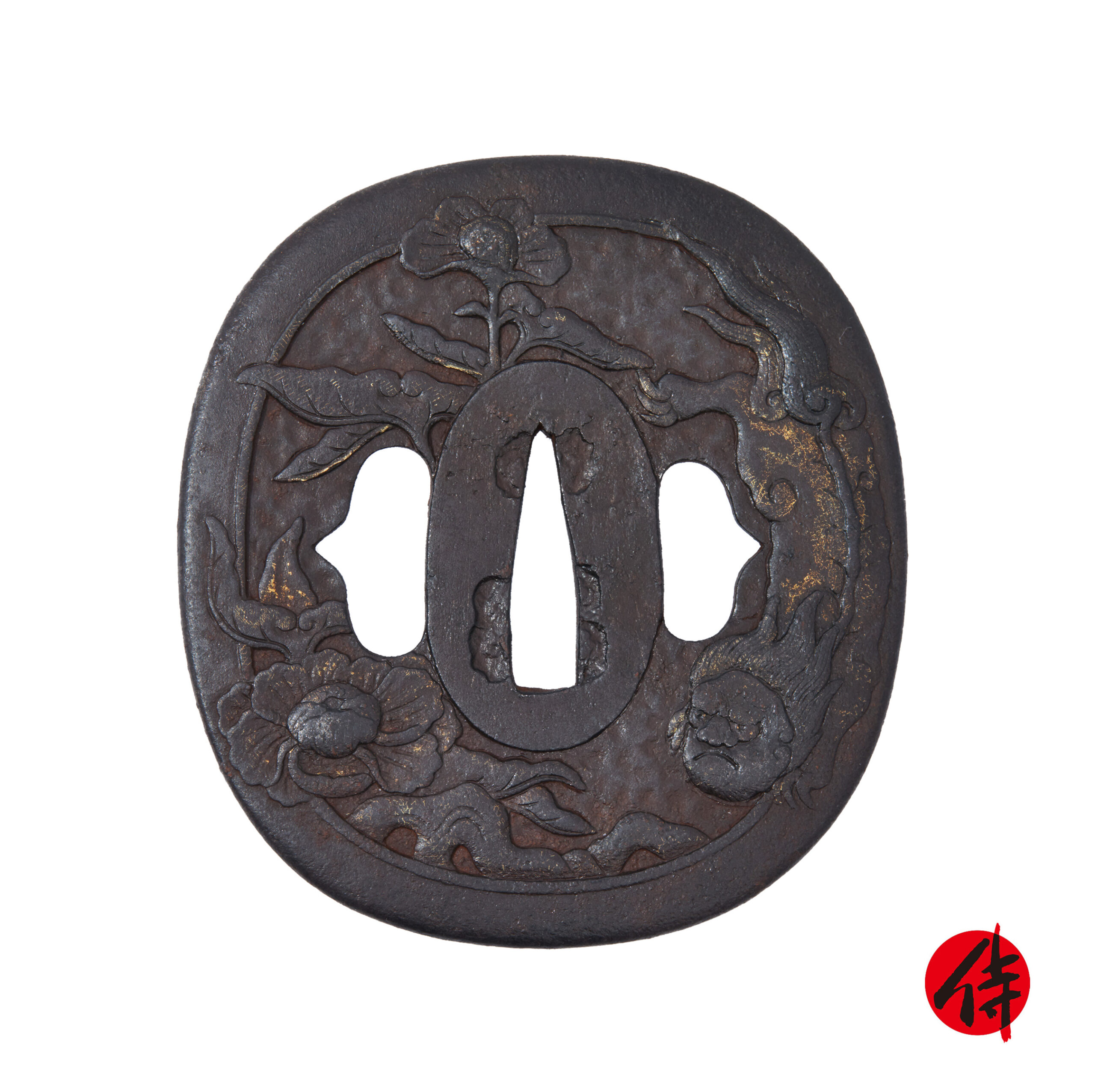 古い在銘の懐十手/江戸骨董/笹彫り真鍮被せ鍛鉄/同心武具捕物/関八州見廻り方 Edo period antique Karajishi-Botan-Zu Tsuba for Samurai