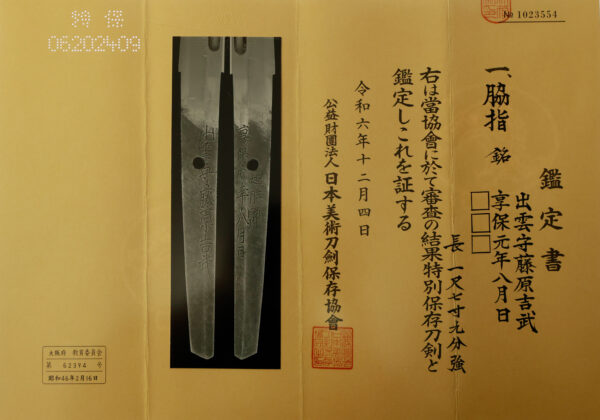 Antique Japanese Sword Wakizashi Signed by Fujiwara Yoshitake<br>NBTHK <span style="color: #ff0000;"><strong>Tokubetsu Hozon</strong> </span>Certificate - Image 21