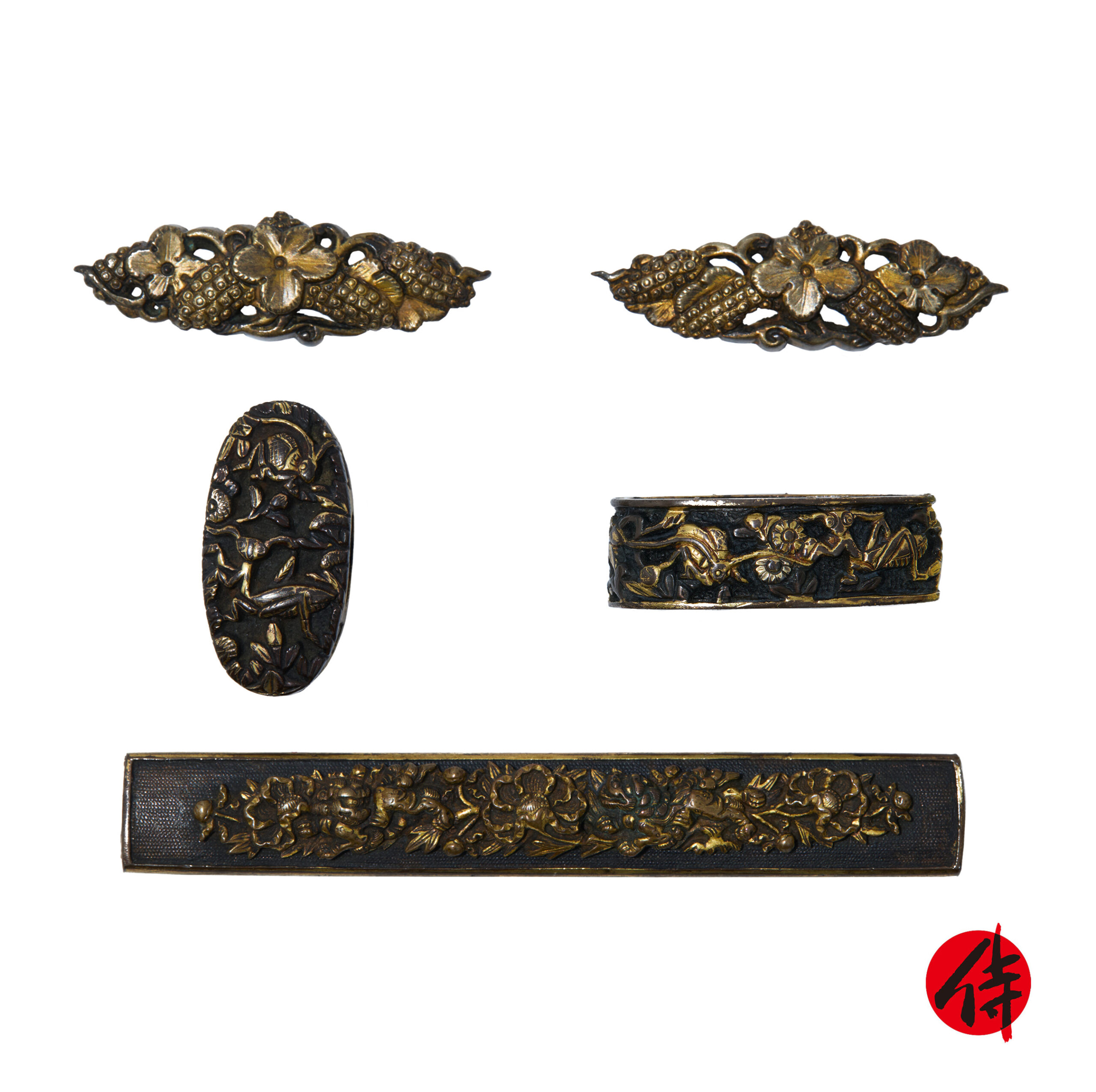 A set of antique Menuki, Kozuka, and Fuchi-Kashira for Samurai Sword (MKF-01)